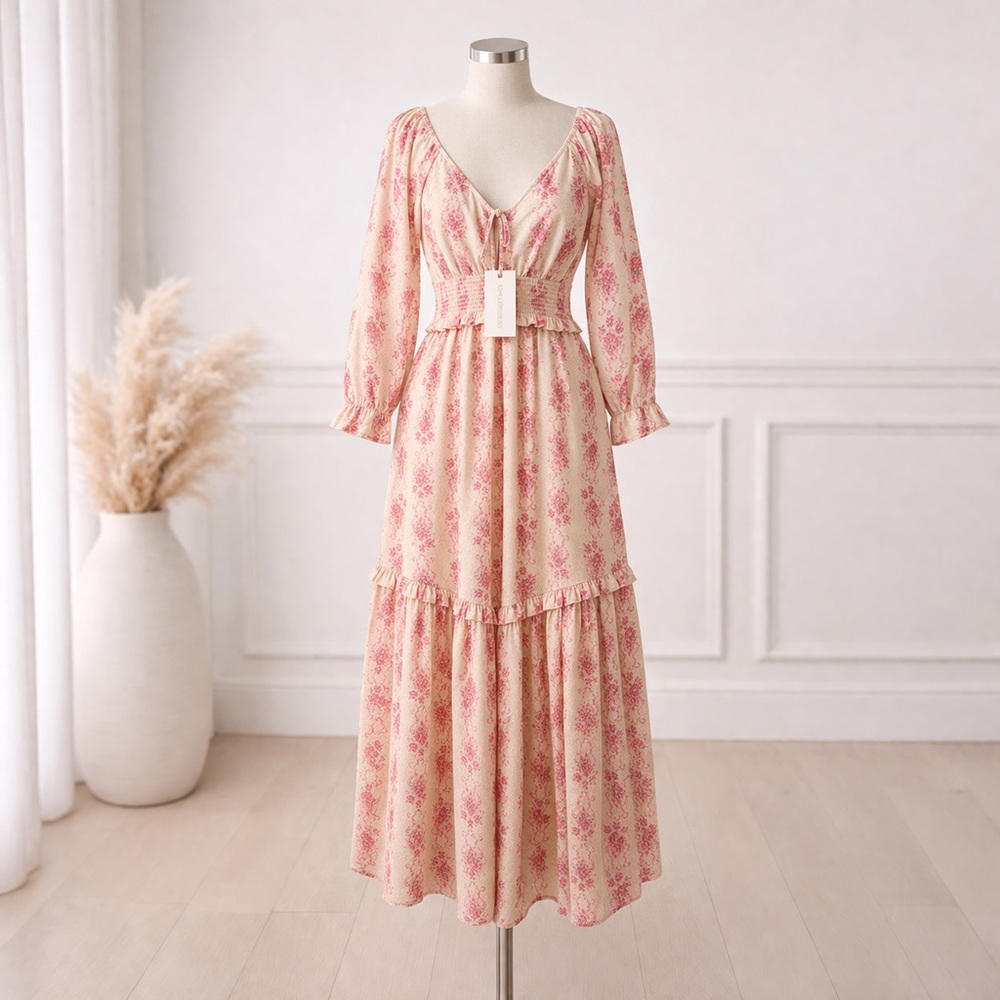 LoveShackFancy Pink & Cream Floral Midi Dress